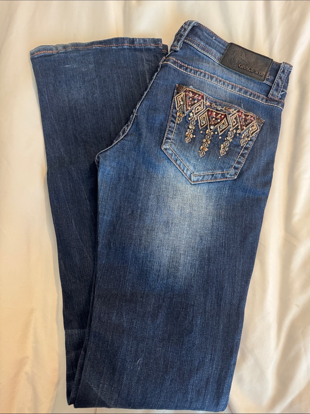 Grace in LA Dark Blue Bootcut Jeans with Embroidered Pocket